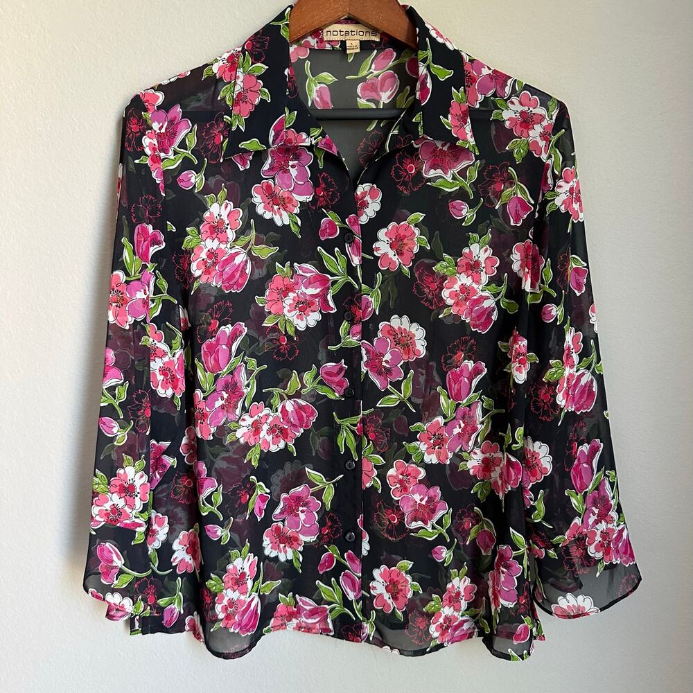 Women's Vintage Notations Sheer Floral Top 90s Button Up Whimsy Size Large